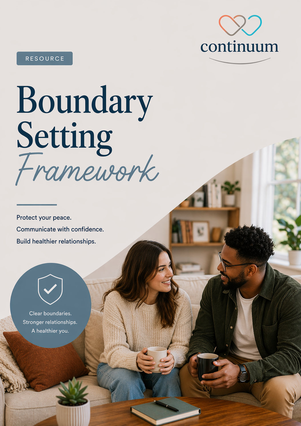 Couple sitting together and discussing relationship boundaries while reviewing a workbook titled "Boundary Setting Framework".