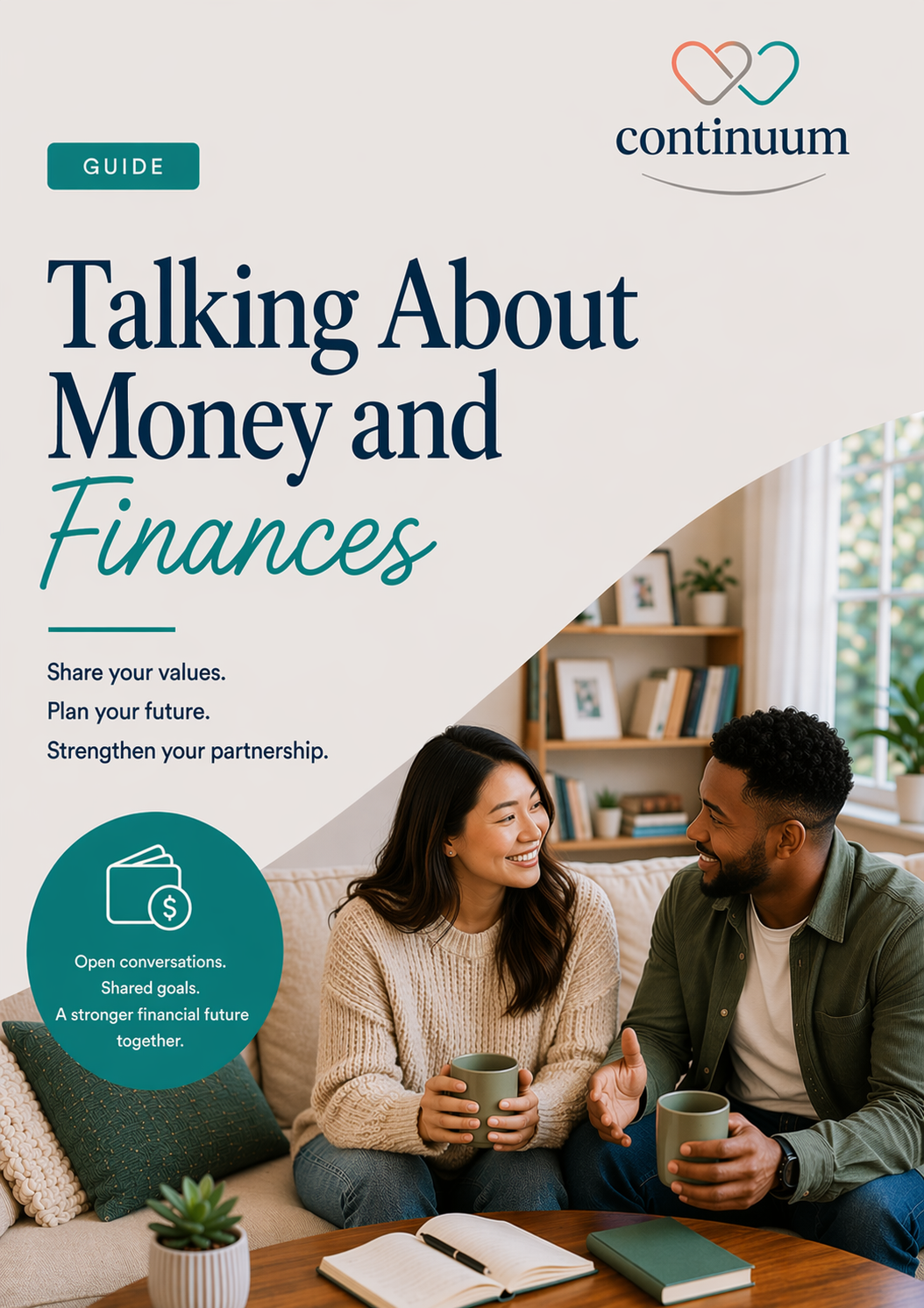 Couple sitting together at a table discussing finances while looking through a workbook titled "Talking About Money and Finances Guide".