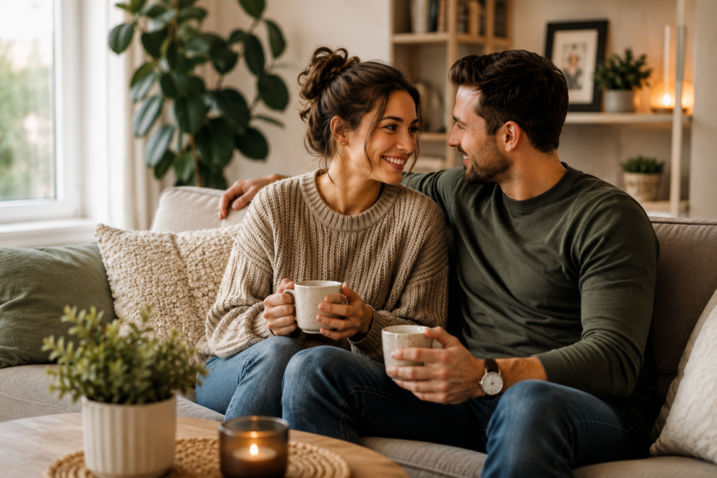 Couple smiling at each other while enjoying coffee together, representing healthy relationships.