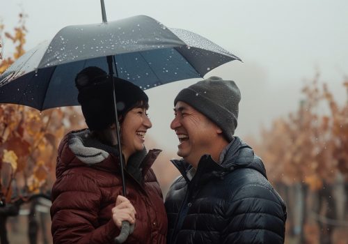Couple connecting in the rain after couples counselling
